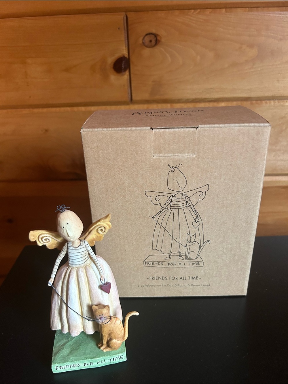 August Moon " Friends for All Time " Angel Figurine with Cat - Cream & Tan